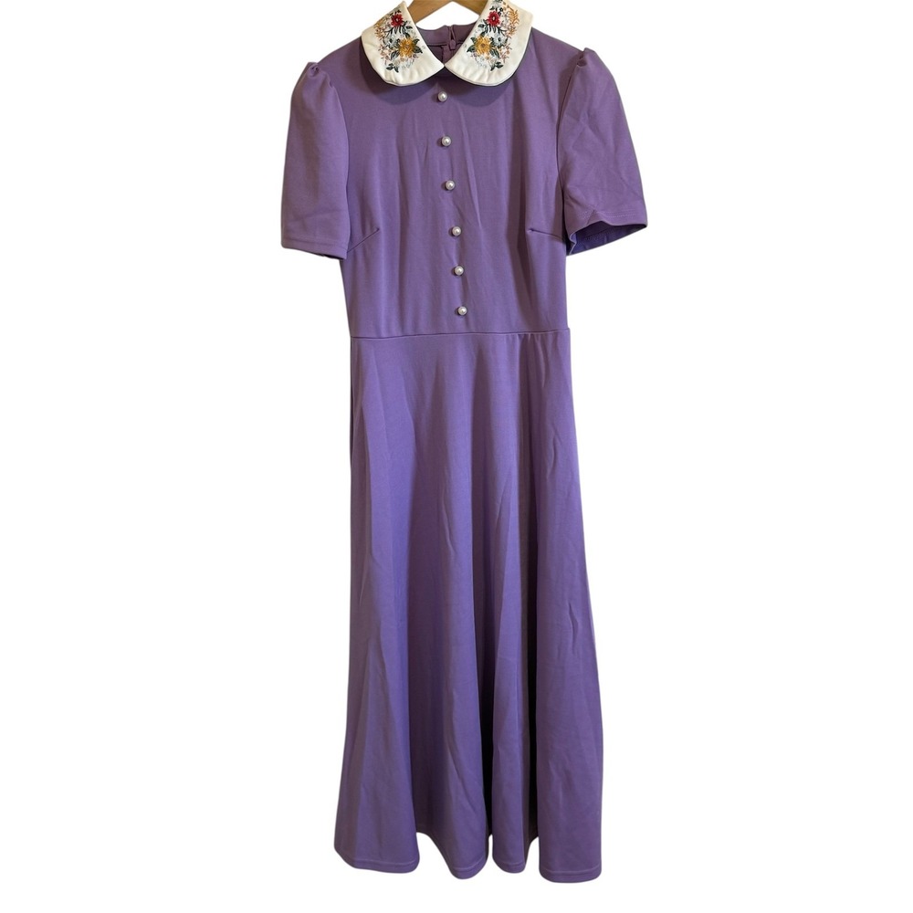 Shein Floral Embroidered Collar Dress Pearl Buttons‎ Lavender Midi Dress